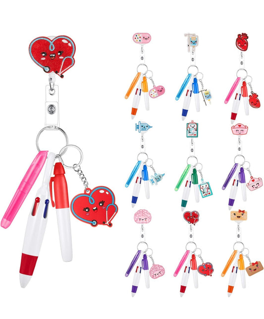 Keychain Retractable Badge Mini Highlighter Pen Ballpoint Gift set