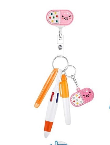 Keychain Retractable Badge Mini Highlighter Pen Ballpoint Gift set