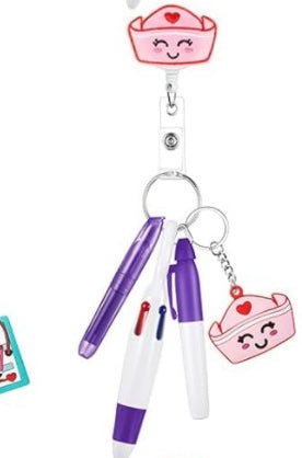 Keychain Retractable Badge Mini Highlighter Pen Ballpoint Gift set