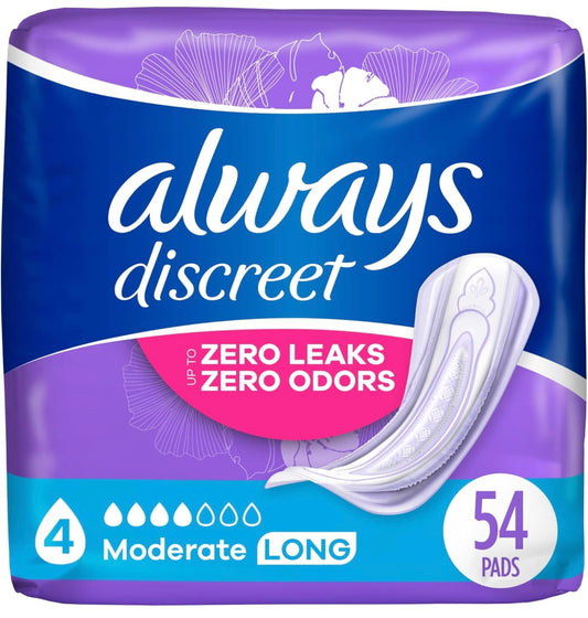 Always Discreet Adult Moderate Long Incontinence Pads, Up to 100% Leak-Free Protection, 54 Count