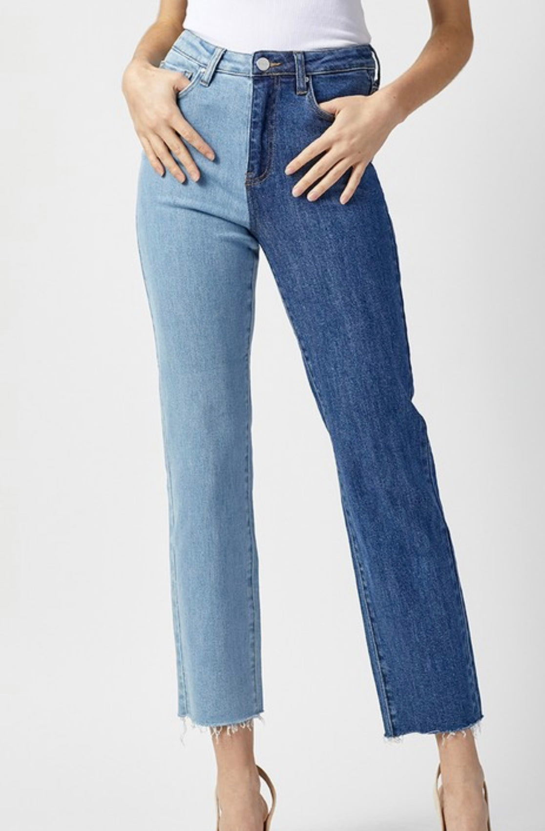 Two tone cross over jeans